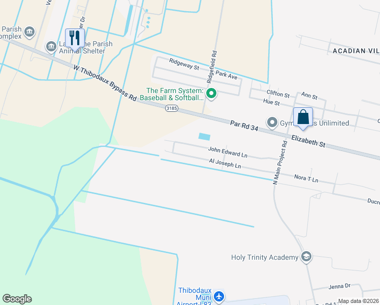map of restaurants, bars, coffee shops, grocery stores, and more near 365 John Edward Lane in Thibodaux