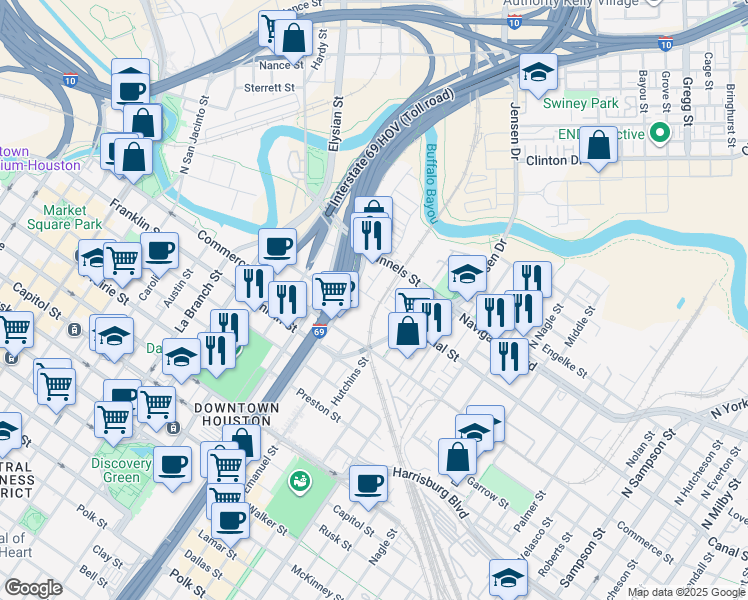 map of restaurants, bars, coffee shops, grocery stores, and more near 2098 Canal Street in Houston
