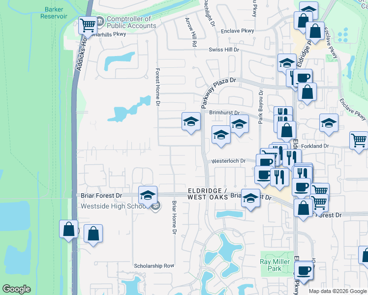 map of restaurants, bars, coffee shops, grocery stores, and more near 14119 Townshire Drive in Houston