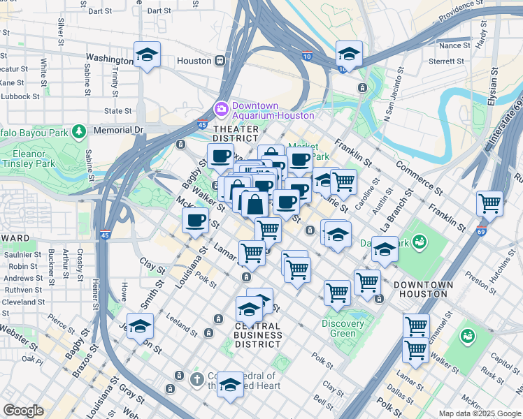 map of restaurants, bars, coffee shops, grocery stores, and more near 800 Capitol Street in Houston