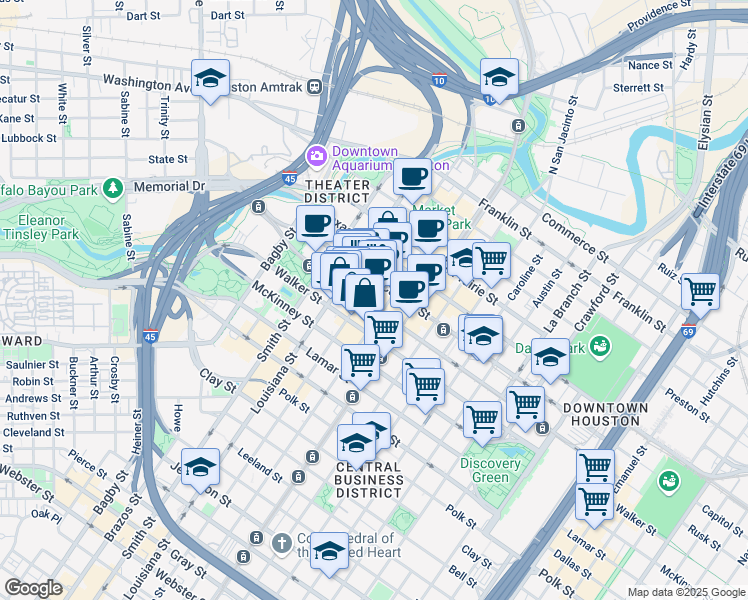 map of restaurants, bars, coffee shops, grocery stores, and more near 700 Rusk Street in Houston