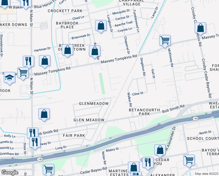 map of restaurants, bars, coffee shops, grocery stores, and more near 3435 Sunny Drive in Baytown