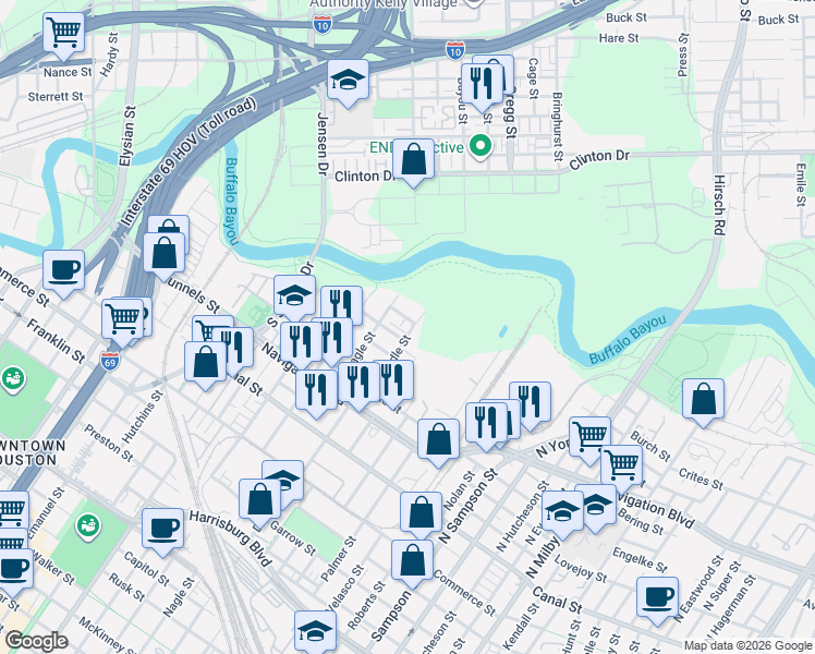 map of restaurants, bars, coffee shops, grocery stores, and more near 2708 Freund Street in Houston