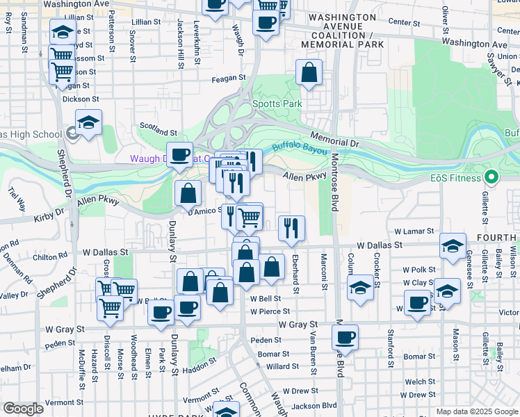 map of restaurants, bars, coffee shops, grocery stores, and more near 3070 D'Amico Street in Houston