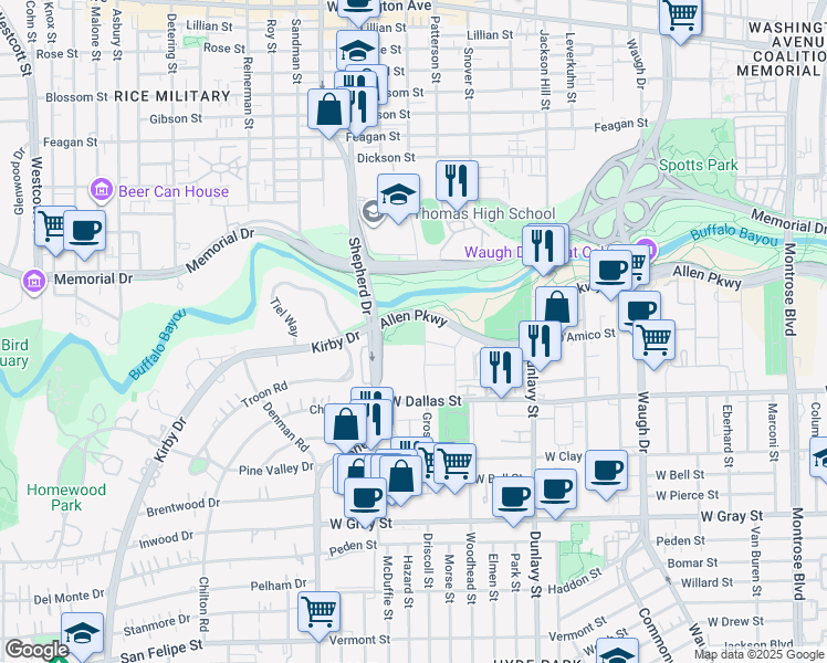 map of restaurants, bars, coffee shops, grocery stores, and more near 911 South Shepherd Drive in Houston
