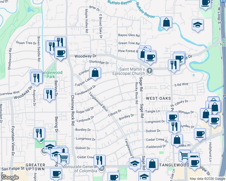 map of restaurants, bars, coffee shops, grocery stores, and more near 5424 Holly Springs Drive in Houston