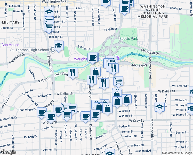 map of restaurants, bars, coffee shops, grocery stores, and more near 3401 Allen Parkway in Houston