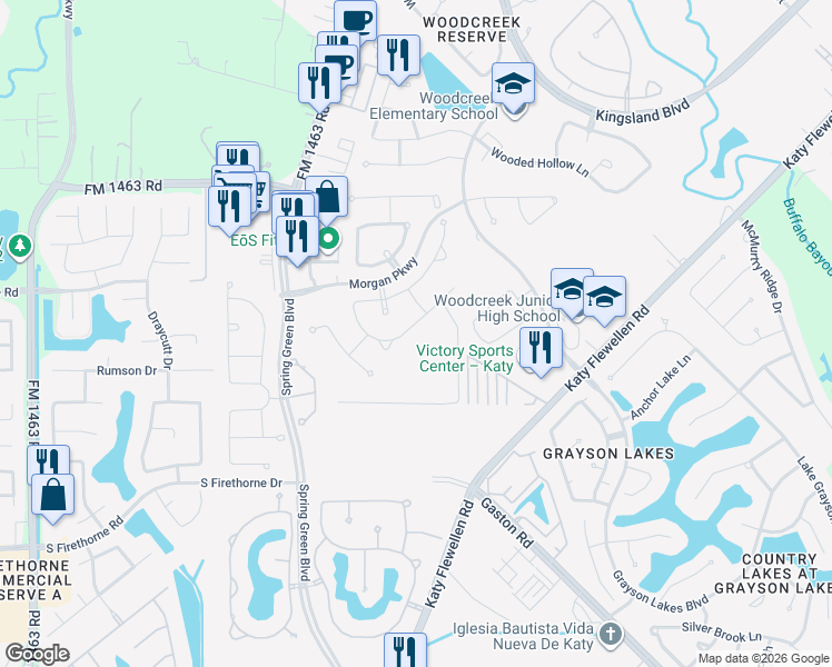map of restaurants, bars, coffee shops, grocery stores, and more near 26507 Ashley Ridge Lane in Katy