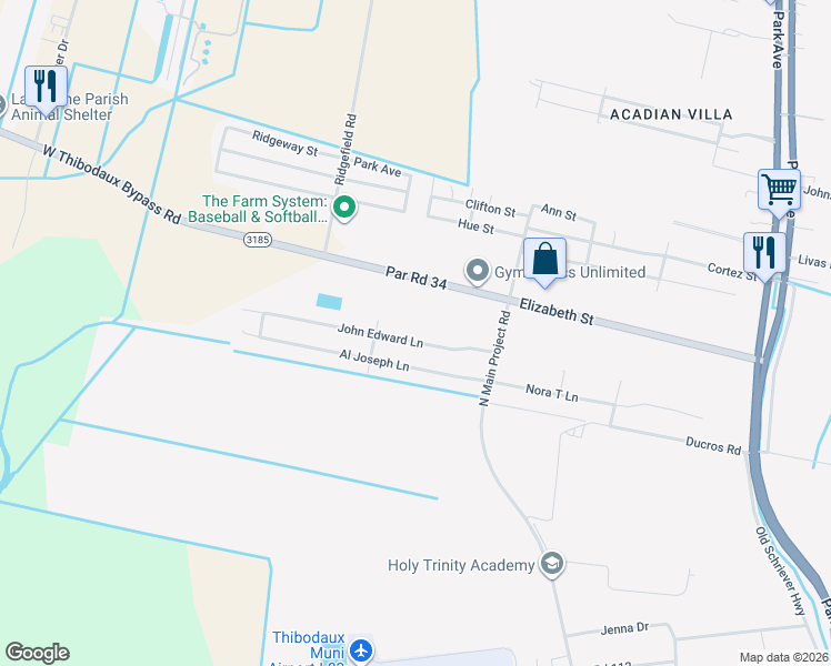 map of restaurants, bars, coffee shops, grocery stores, and more near 101-299 John Edward Lane in Thibodaux