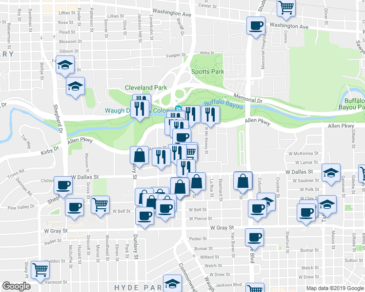 map of restaurants, bars, coffee shops, grocery stores, and more near 526 Waugh Dr in Houston