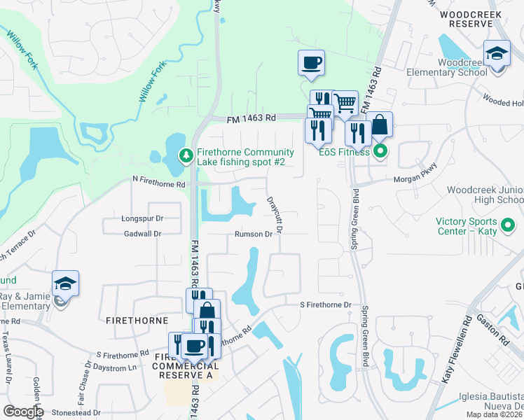 map of restaurants, bars, coffee shops, grocery stores, and more near 27614 Meeks Bay Court in Katy