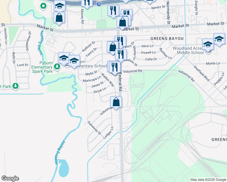 map of restaurants, bars, coffee shops, grocery stores, and more near 1712 Watkin Way in Houston