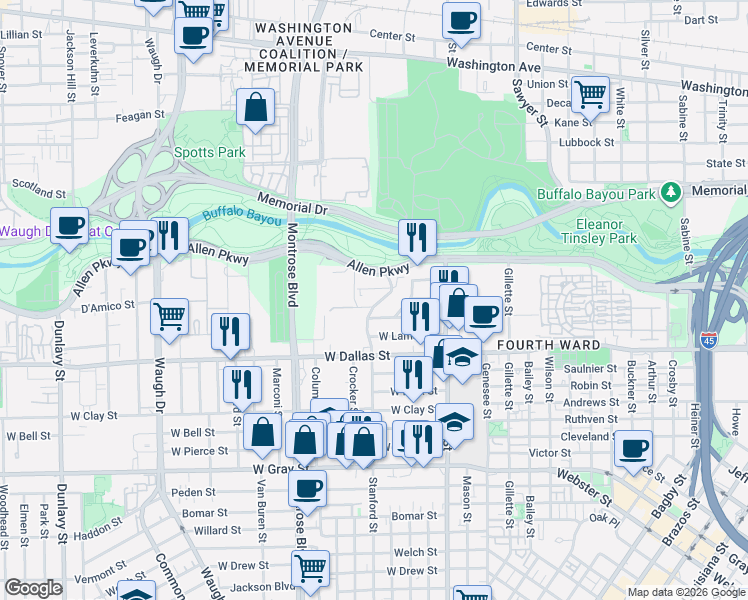 map of restaurants, bars, coffee shops, grocery stores, and more near 2030 Buffalo Terrace in Houston