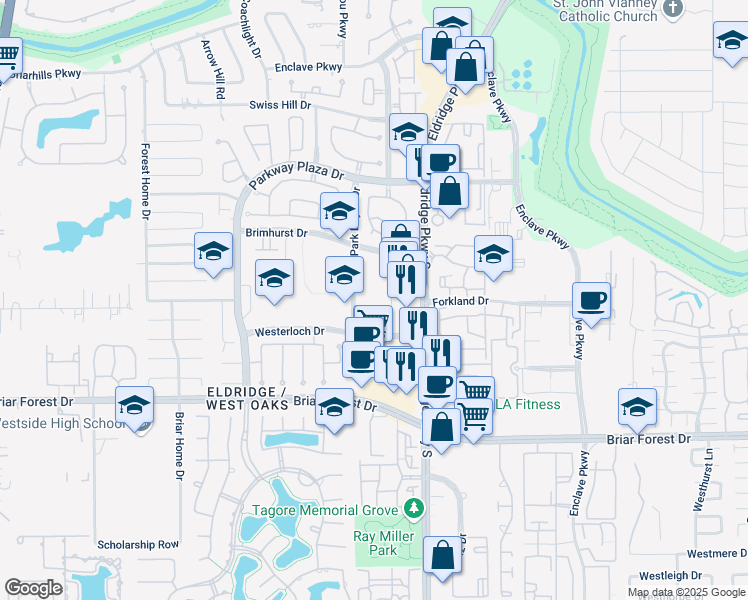 map of restaurants, bars, coffee shops, grocery stores, and more near 1321 Park Bayou Drive in Houston