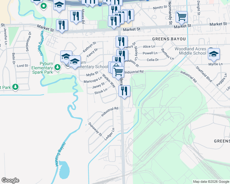 map of restaurants, bars, coffee shops, grocery stores, and more near 1712 Watkin Way in Houston