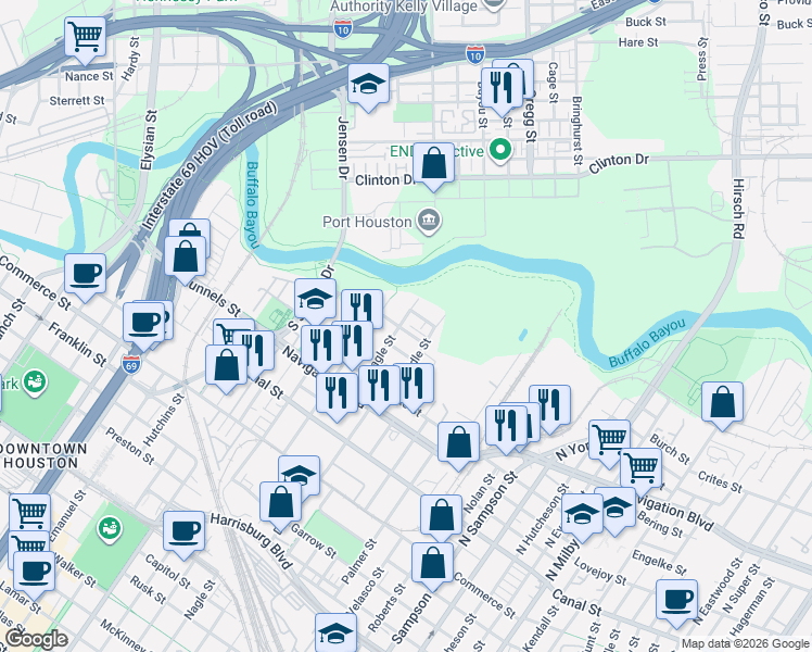 map of restaurants, bars, coffee shops, grocery stores, and more near 2708 Freund Street in Houston