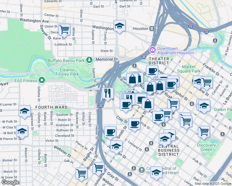 map of restaurants, bars, coffee shops, grocery stores, and more near 349 Lamar St in Houston