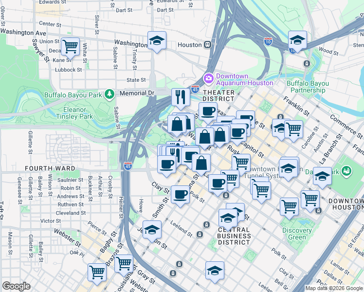 map of restaurants, bars, coffee shops, grocery stores, and more near 500 McKinney Street in Houston