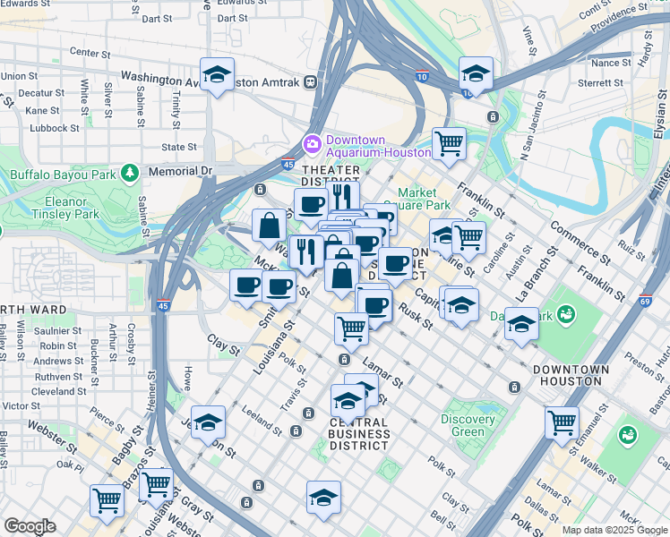 map of restaurants, bars, coffee shops, grocery stores, and more near 625 Walker Street in Houston