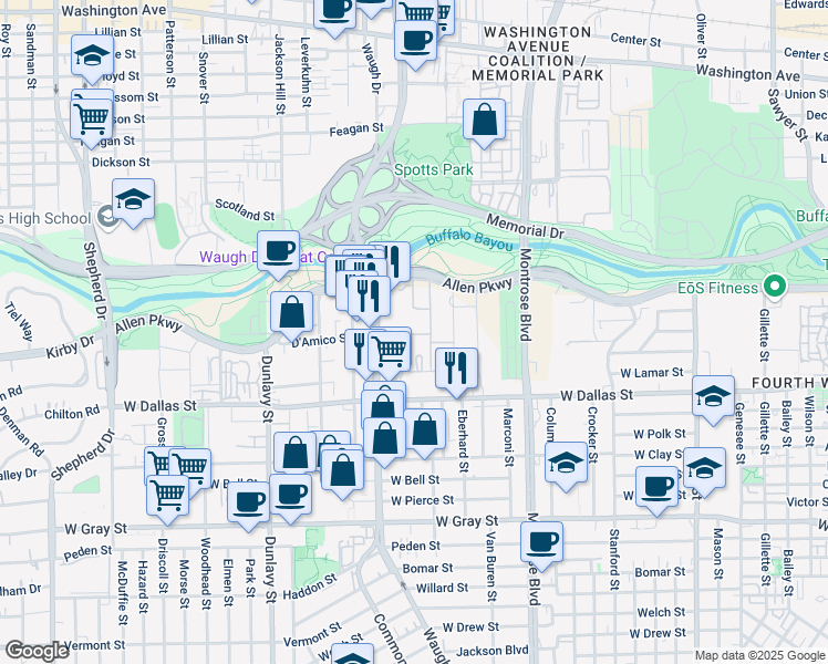 map of restaurants, bars, coffee shops, grocery stores, and more near 3070 D'Amico Street in Houston