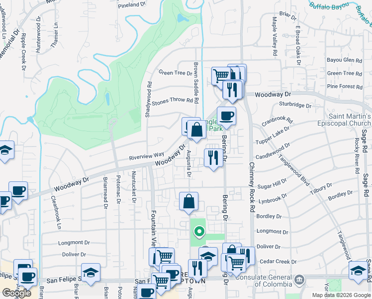 map of restaurants, bars, coffee shops, grocery stores, and more near 5771 Woodway Drive in Houston