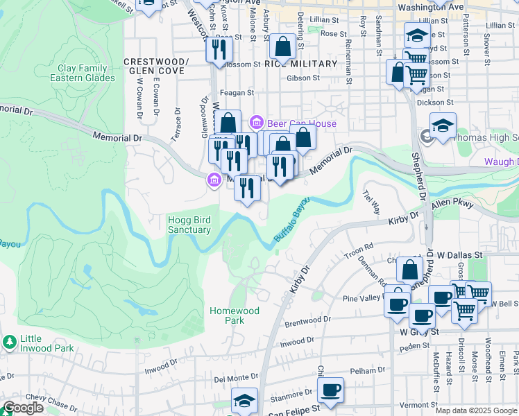 map of restaurants, bars, coffee shops, grocery stores, and more near 5729A Logan Lane in Houston