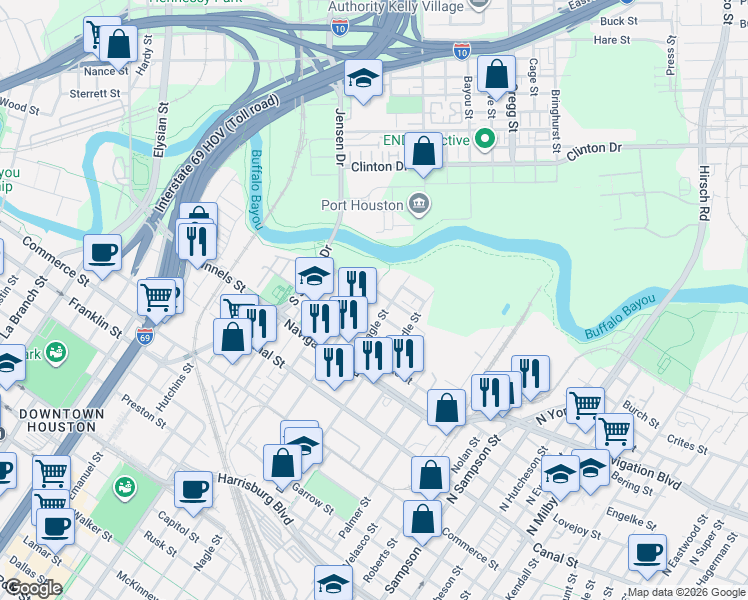 map of restaurants, bars, coffee shops, grocery stores, and more near 468 North Live Oak Street in Houston