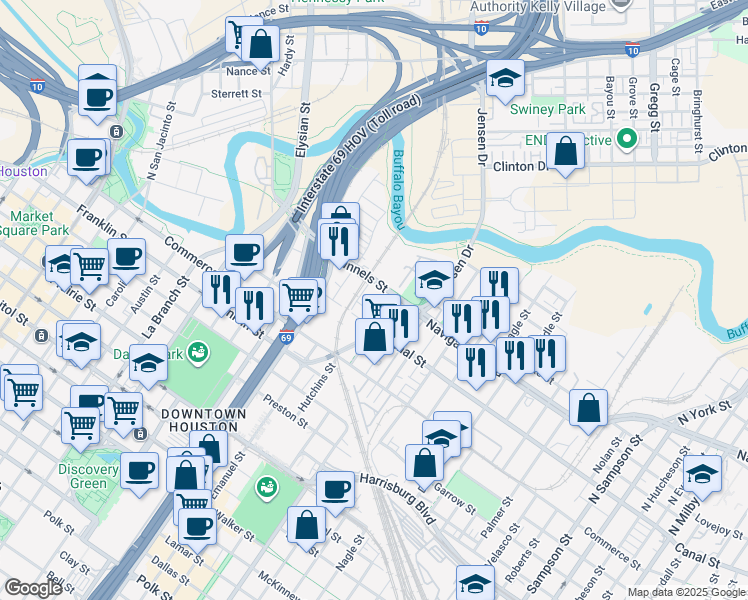 map of restaurants, bars, coffee shops, grocery stores, and more near 2315 Navigation Boulevard in Houston