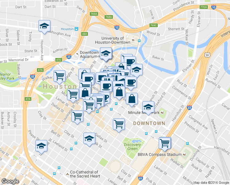 map of restaurants, bars, coffee shops, grocery stores, and more near 502 Main Street in Houston
