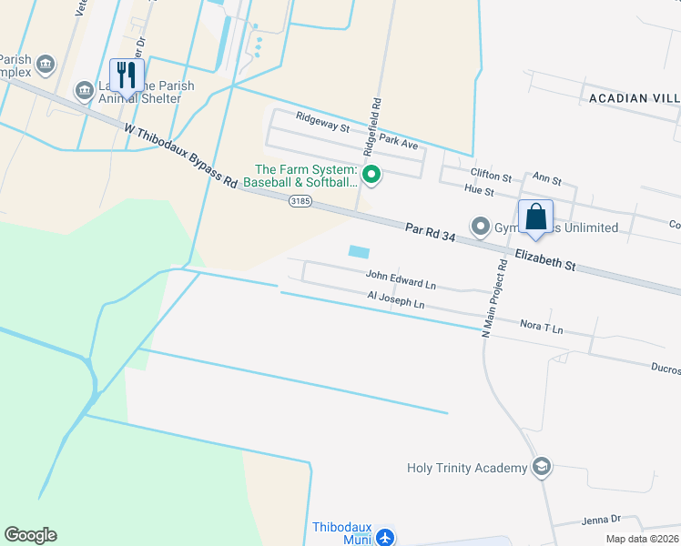 map of restaurants, bars, coffee shops, grocery stores, and more near 365 John Edward Lane in Thibodaux