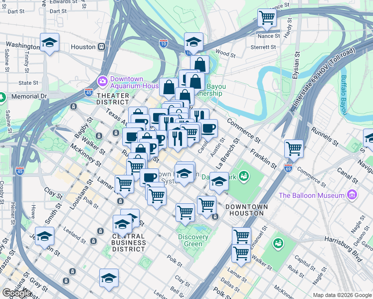 map of restaurants, bars, coffee shops, grocery stores, and more near San Jacinto St & Prairie St in Houston