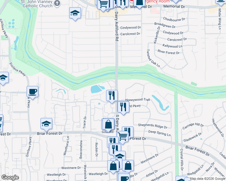 map of restaurants, bars, coffee shops, grocery stores, and more near 1200 South Dairy Ashford Road in Houston