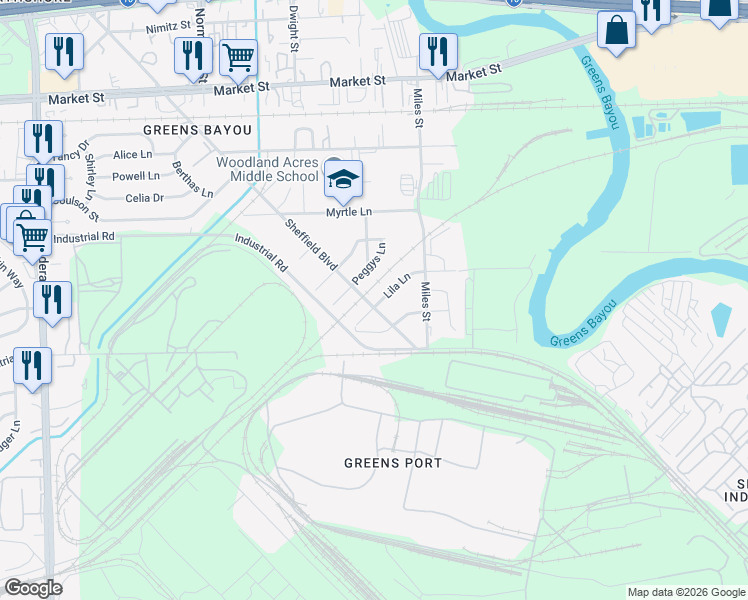 map of restaurants, bars, coffee shops, grocery stores, and more near 1717 Sheffield Boulevard in Houston