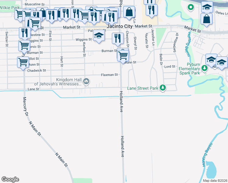 map of restaurants, bars, coffee shops, grocery stores, and more near 11016 Lane Street in Houston