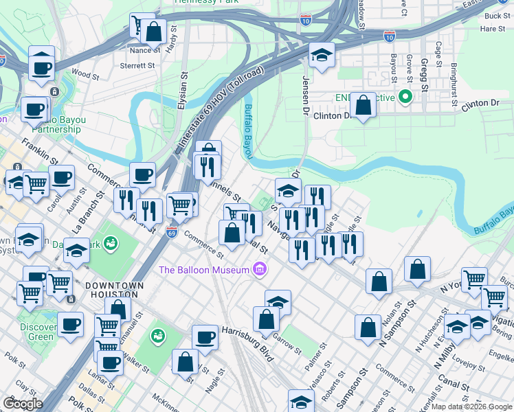 map of restaurants, bars, coffee shops, grocery stores, and more near 2307 Runnels St in Houston