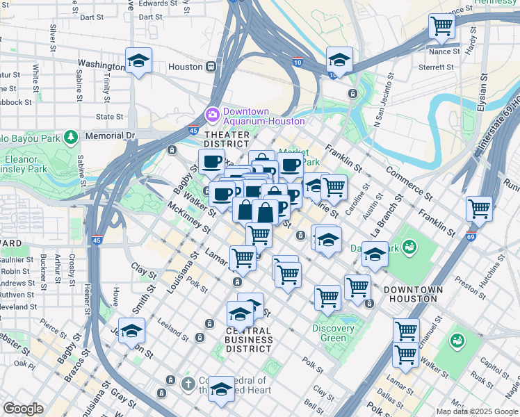map of restaurants, bars, coffee shops, grocery stores, and more near 800 Capitol Street in Houston