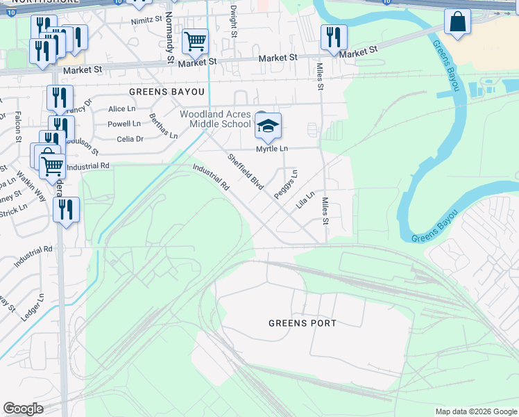 map of restaurants, bars, coffee shops, grocery stores, and more near 12813 Peggys Lane in Houston