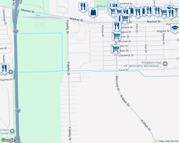 map of restaurants, bars, coffee shops, grocery stores, and more near 10117 Lane Street in Houston