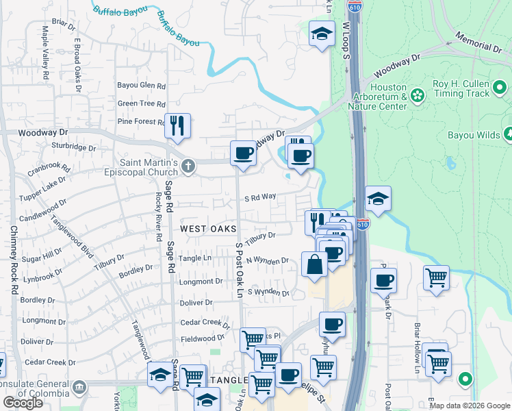 map of restaurants, bars, coffee shops, grocery stores, and more near 807 South Post Oak Lane in Houston
