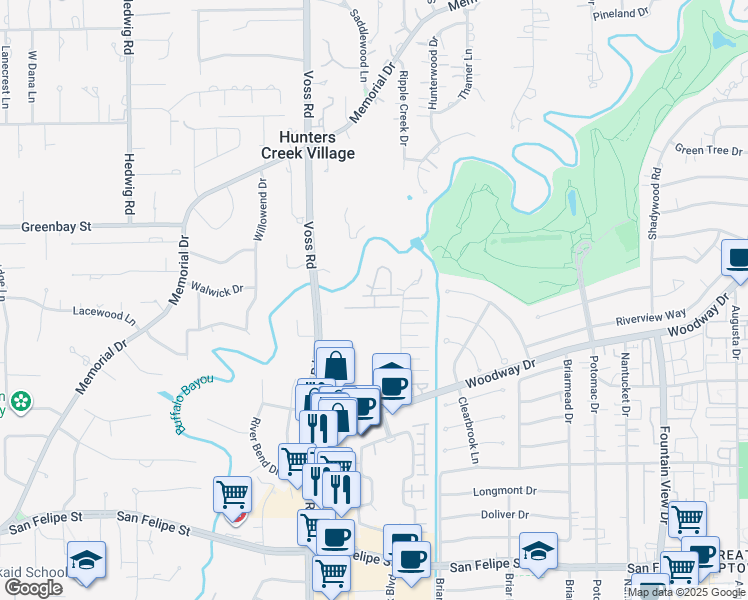 map of restaurants, bars, coffee shops, grocery stores, and more near 6477 Bayou Glen Road in Houston