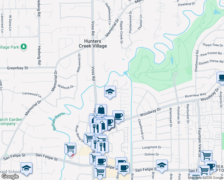 map of restaurants, bars, coffee shops, grocery stores, and more near 6477 Bayou Glen Road in Houston