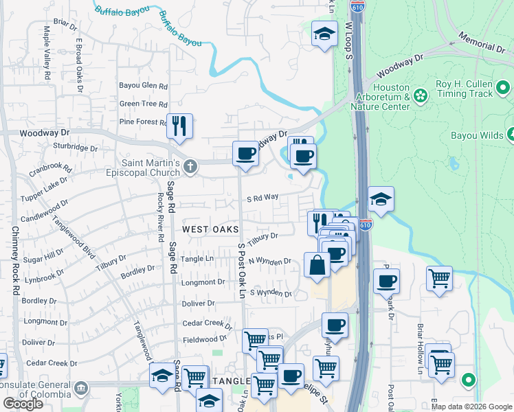 map of restaurants, bars, coffee shops, grocery stores, and more near 807 South Post Oak Lane in Houston