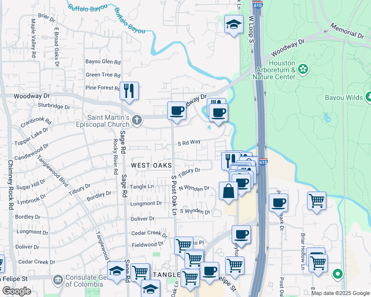 map of restaurants, bars, coffee shops, grocery stores, and more near 807 South Post Oak Lane in Houston