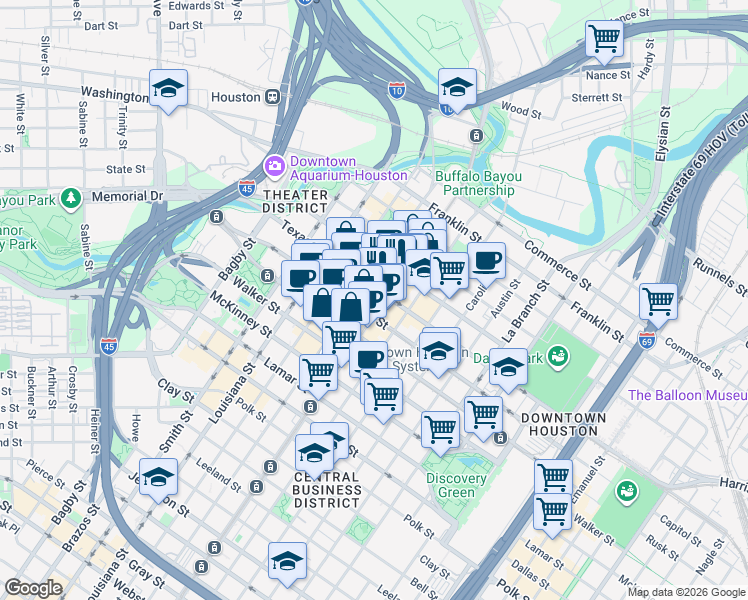 map of restaurants, bars, coffee shops, grocery stores, and more near 916 Texas Street in Houston