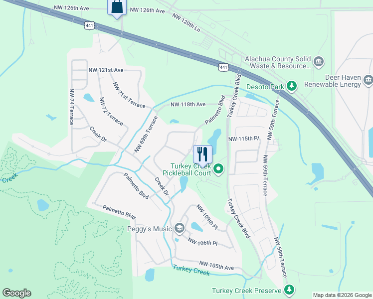 map of restaurants, bars, coffee shops, grocery stores, and more near 11402 Palmetto Boulevard in Alachua