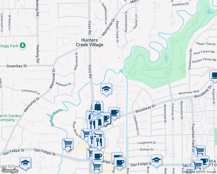 map of restaurants, bars, coffee shops, grocery stores, and more near 6477 Bayou Glen Road in Houston