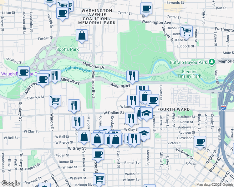 map of restaurants, bars, coffee shops, grocery stores, and more near 2030 Buffalo Terrace in Houston