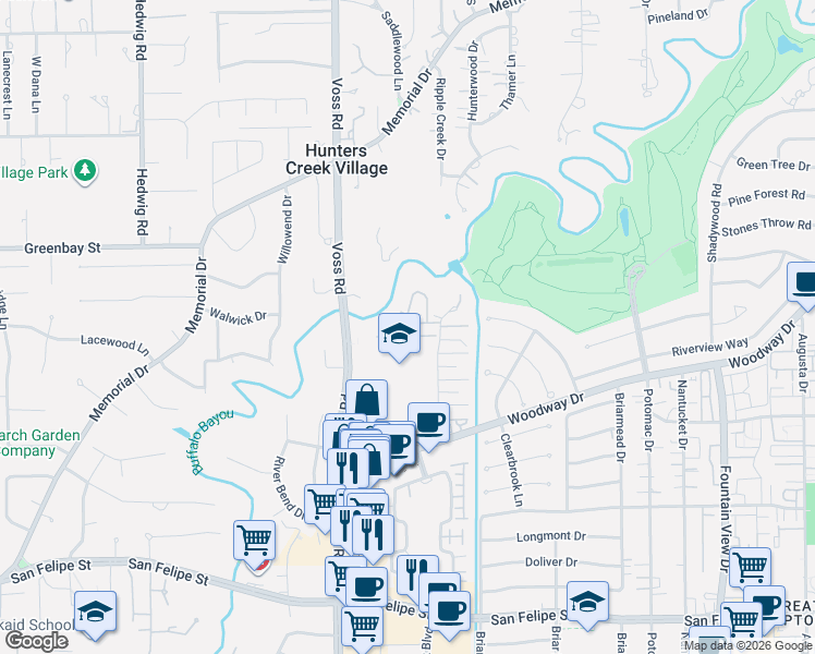 map of restaurants, bars, coffee shops, grocery stores, and more near 6477 Bayou Glen Road in Houston