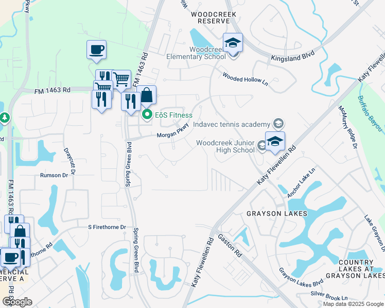 map of restaurants, bars, coffee shops, grocery stores, and more near 26507 Ashley Ridge Lane in Katy