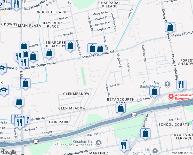 map of restaurants, bars, coffee shops, grocery stores, and more near 1118 Gemstone Court in Baytown